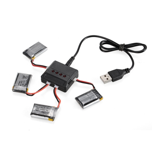 4pcs 3.7V 280mAh Li-po Battery with 4 in 1 USB Battery Charger Kit for TB-802 FQ17W GoolRC T100 Drone Quadcopter