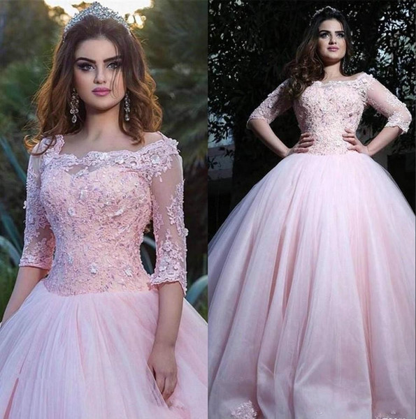 Pink Half Sleeve Lace Beaded Tulle Ball Gown Quinceanera Dresses vestidos de quinceañera Princess Lace-up Back Sweet 16 Dress With Appliques