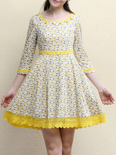 3/4 Sleeve Floral Casual Mini Dress