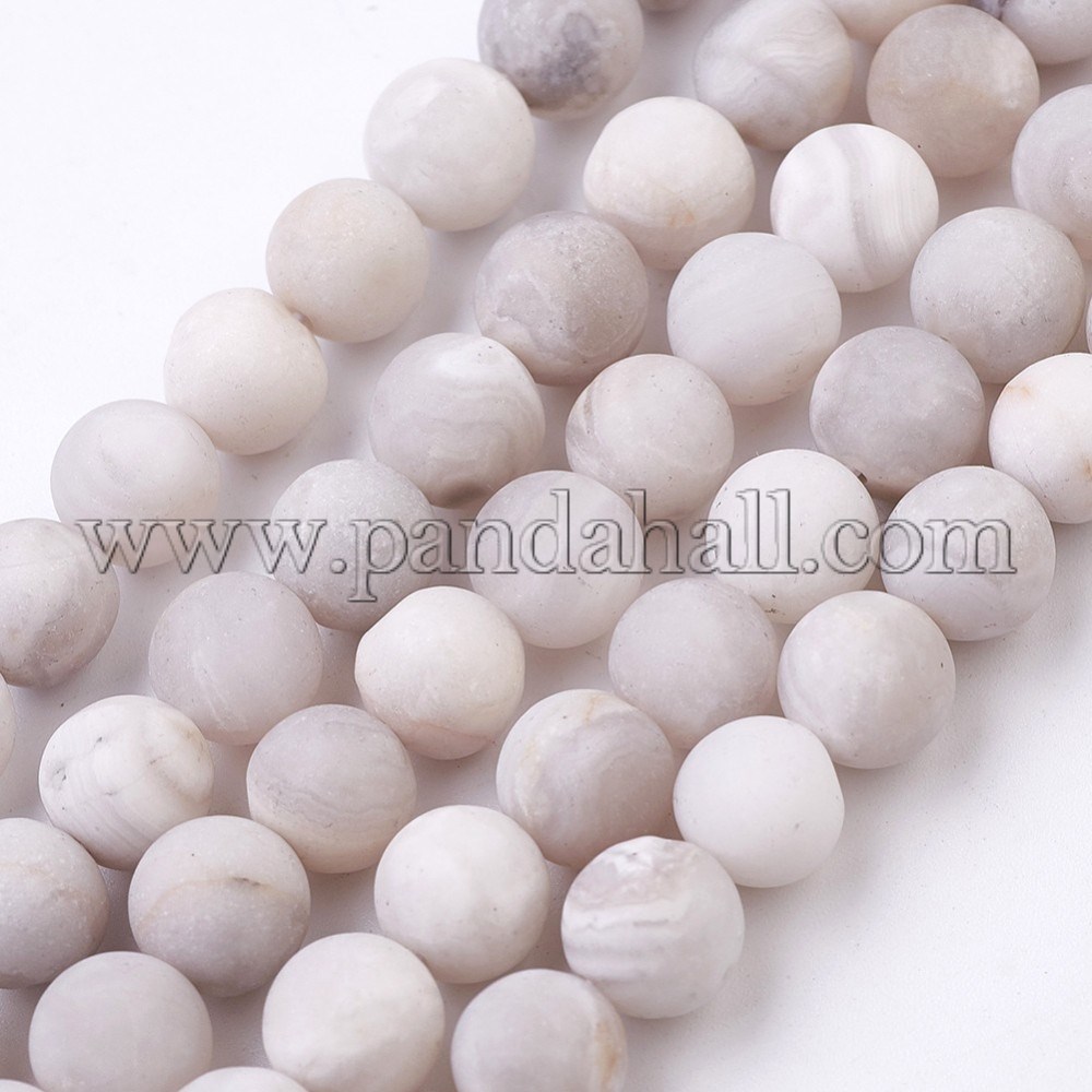 Natural White Agate Bead Strands, Frosted, Round, 8~8.5mm, Hole: 1mm; about 46pcs/strand, 14.9