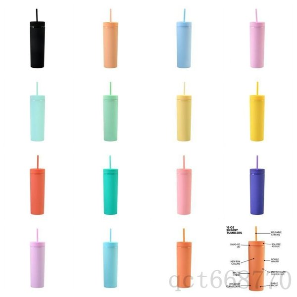16oz 15 Colors Acrylic Skinny Tumbler With Lid Straws Plastic Tumbler Double Wall Milk Coffee Cups Matte Candy Color Slim Cup Water Bottles For Travel
