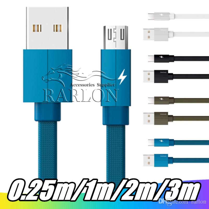 Quick Charging 2.4A Type c Micro Usb Cable 1M 2M 3M Flat TypeThicker Braided Nylon Cable For Samsung S6 S8 S10 HTC LG Android Phone
