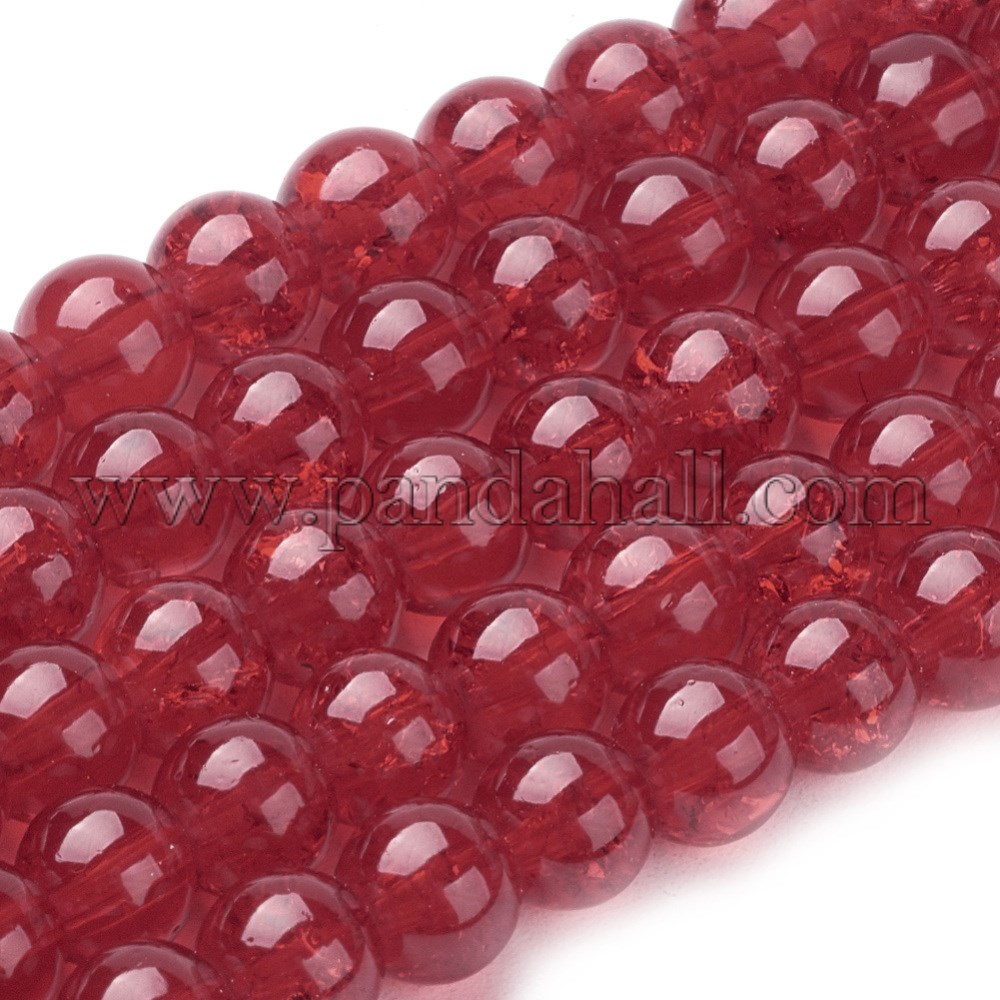 Spray Painted Crackle Glass Beads Strands, Round, Red, 6mm; Hole: 1.3~1.6mm; about 133pcs/strand, 31.4