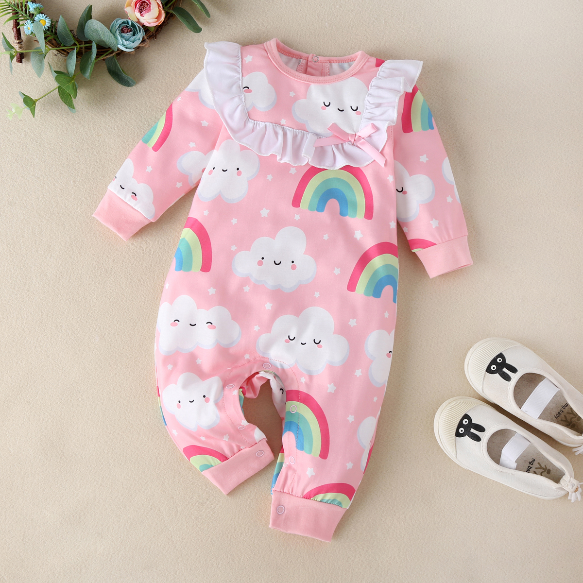 Baby Girl Cloud and Rainbow Print Long-sleeve Jumpsuit