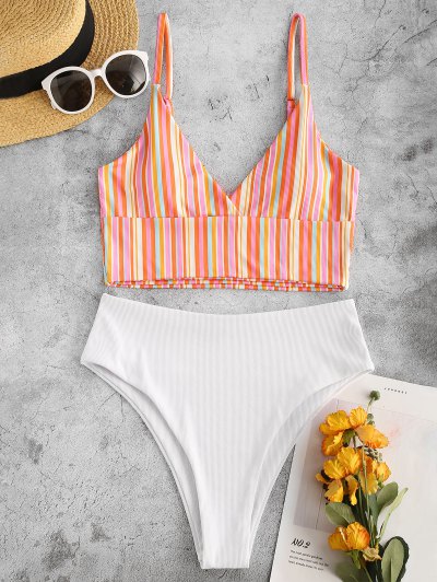 ZAFUL Colorful Striped Surplice-front Ribbed Tankini Swimwear
