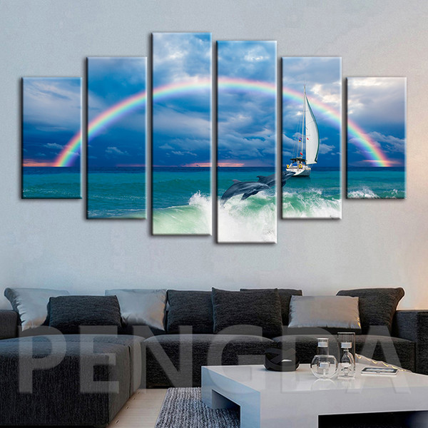 modular hd prints home decoration rainbow dolphins pictures painting canvas sea landscape poster frame wall art for living room