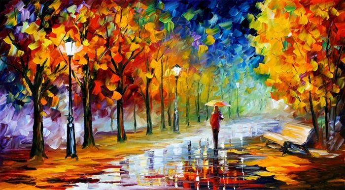 Unframed Free Shipping Canvas Prints Russian Federation Color oil painting street lamp Poplar tree umbrella rain sea ship sunrise pedestrian