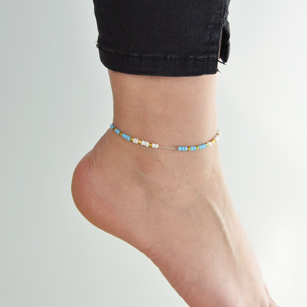 Silver Color Chain With Colorful Beads Anklets 1PC