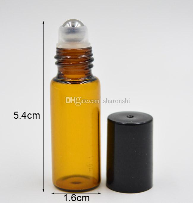 300pcs/lot 5ml ROLL ON GLASS BOTTLE Amber brown Fragrances ESSENTIAL OIL stainless steel Roller Ball Black Cap By DHL/Fedex Free Shipping