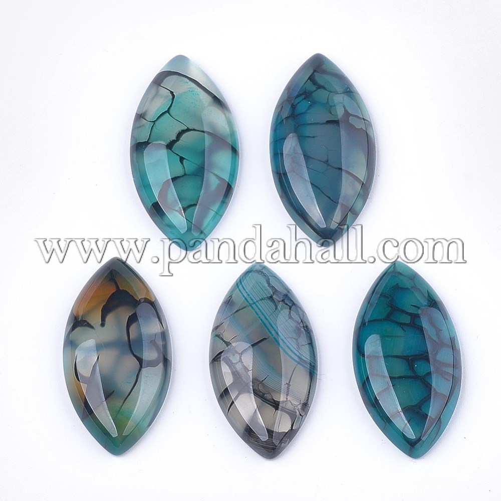 Natural Crackle Agate Cabochons, Dyed, Horse Eye, CadetBlue, 39x20x6mm