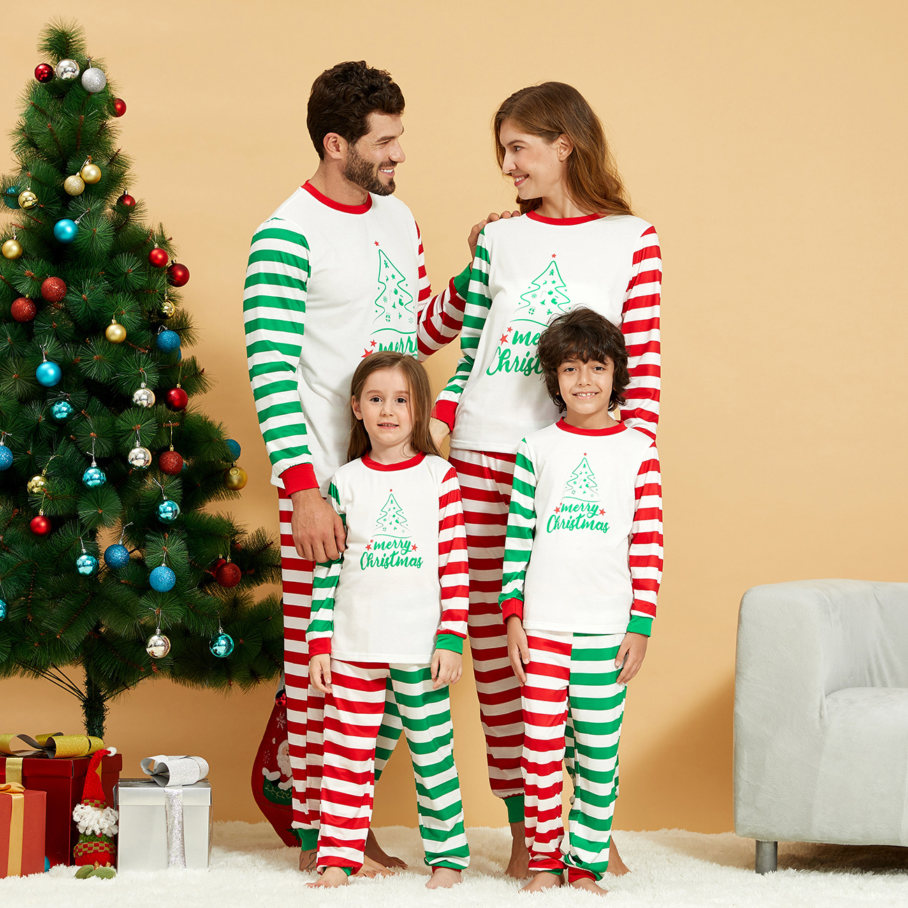 Merry Christmas Tree Print Striped Family Matching Pajamas Set