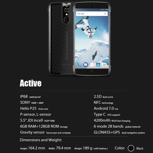 Vernee Active IP68 4G Smartphone 5.5 Inches FHD 6GB+128GB
