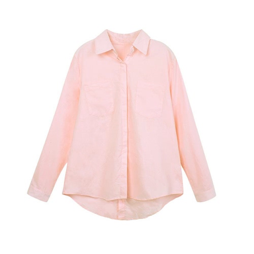 New Fashion Women Loose Shirt Solid Turn-Down Collar Long Sleeve Pocket Casual Blouse Tops White/Pink