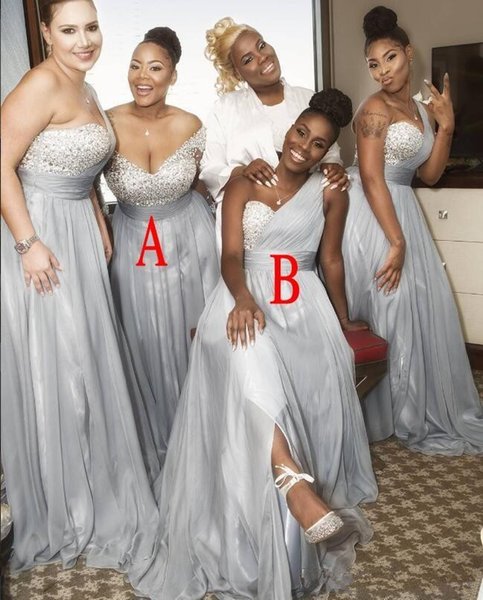 Sexy Chiffon African Crystals Sweetheart Bridesmaid Dresses Beads Sleeveless Floor Length One Shoulder Plus Size Formal Dresses