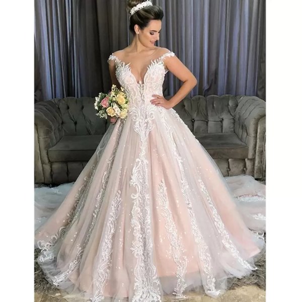 2022 New Year's Gorgeous Lace Appliques Arabic Beach Wedding Gowns A Line Sheer Neck Cap Sleeve Deep V Neck Long Formal Dresses Vestidos