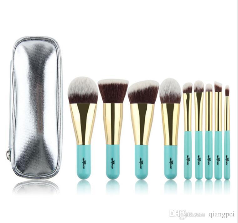 Hot Sale 9 Pieces Synthetic Hair Makeup Brushes with Sliver Color Bag Beautiful Traveling Makeup Brush Set