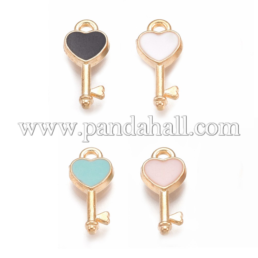 Alloy Pendants, with Enamel, Heart Key, Light Gold, Mixed Color, 16x7x2mm, Hole: 1.5mm