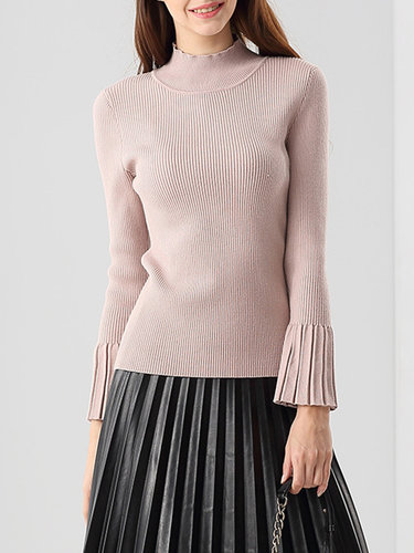 Solid Casual Frill Sleeve Knitted Cotton-blend Sweater