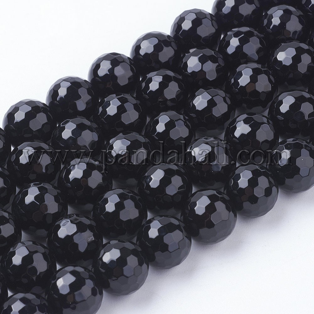 Natural Black Agate Beads Strands, Faceted Round, Black, 10mm, Hole: 1mm