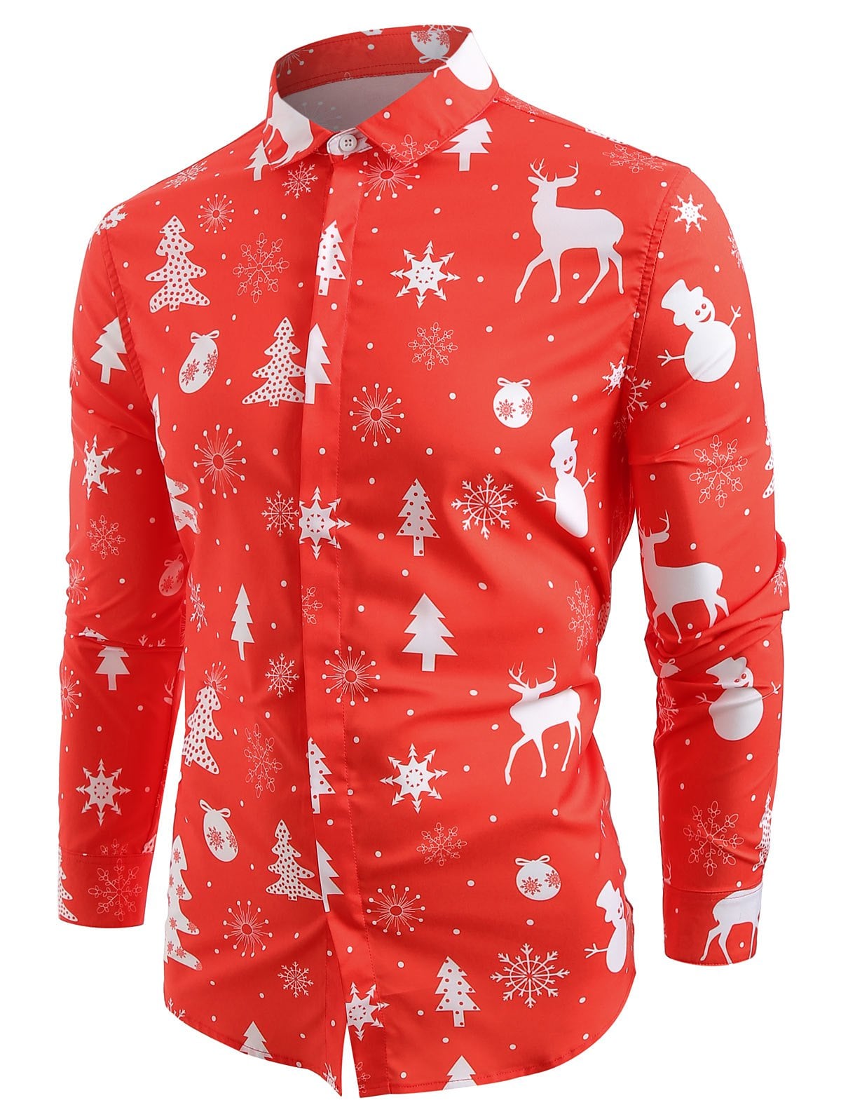 Christmas Elements Print Hem Curved Button Up Shirt