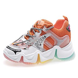 Women's Trainers Athletic Shoes Flat Heel Round Toe Sporty Daily Cowhide Elastic Fabric Color Block White Blue Orange
