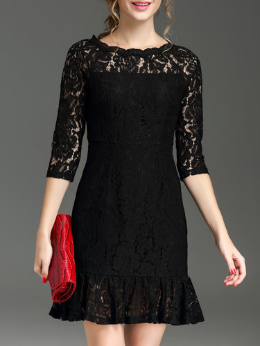 Black Lace Raglan Sleeve Pierced Mini Dress