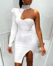 2020 Women Elegant Fashion Sexy Party Dress Female Stylish White Mini Dresses One Shoulder Slit Sequins Bodycon Dress