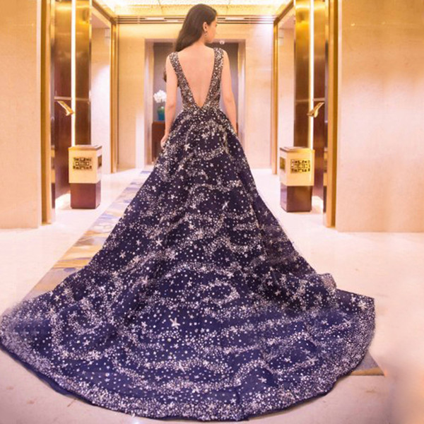 New Navy Blue Evening Dresses 2021 Sparkling A Line Sleeveless Sexy V Back Sweep Train Formal Prom Dresses