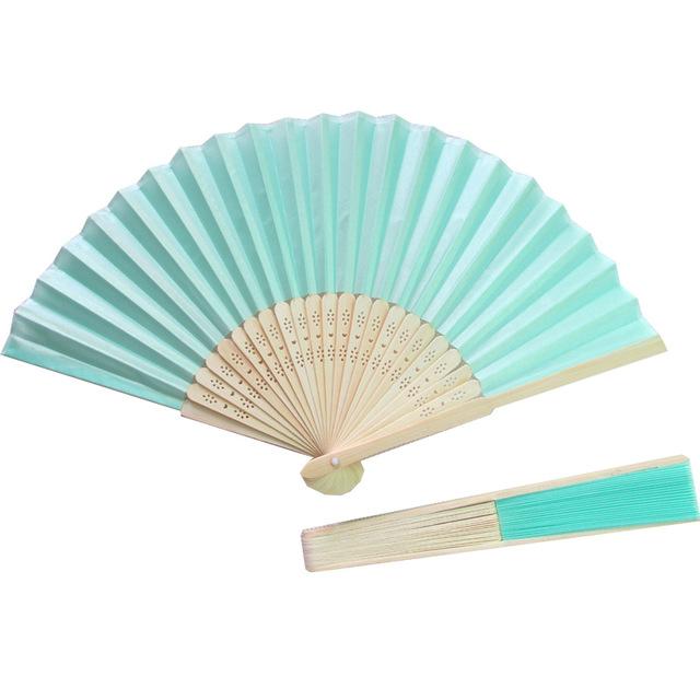 Wholesale- 10pcs light blue tiffany blue Fabric Hand Fan Polyester Silk Hand Fan 21cm