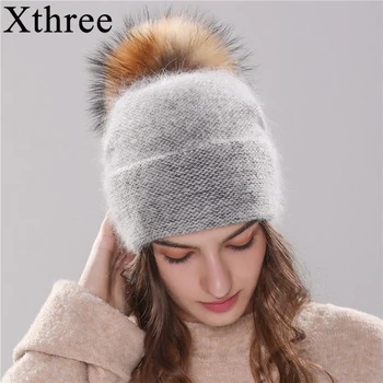 Xthree new women's hat winter beanie knitted hat Angola Rabbit fur Bonnet girl 's hat fall female cap with fur pom pom