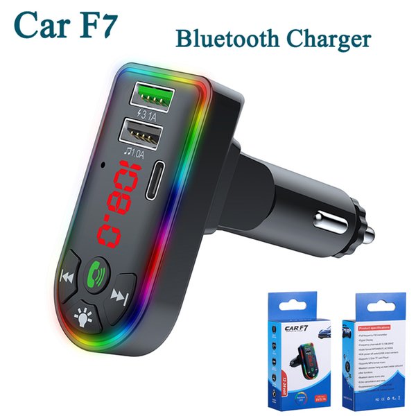 Car F7 Charger Bluetooth FM Transmitter Dual USB Quick Charging Type C PD Ports Adjustable Colorful Atmosphere Lights Handsfree Audio Receiver MP3 Player