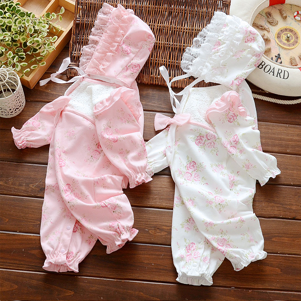 Baby Girls Rose Print Bow Jumpsuit and Lace Hat