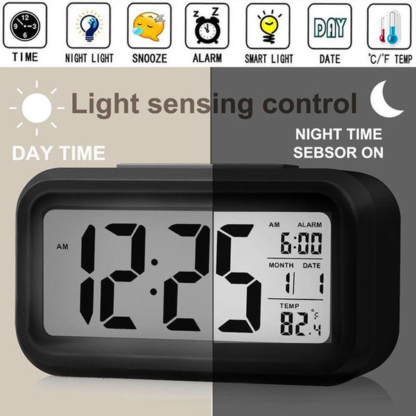 Battery Digital Alarm Clock Student Clock Large LCD Display Snooze Kids Light Sensor Nightlight Office Table