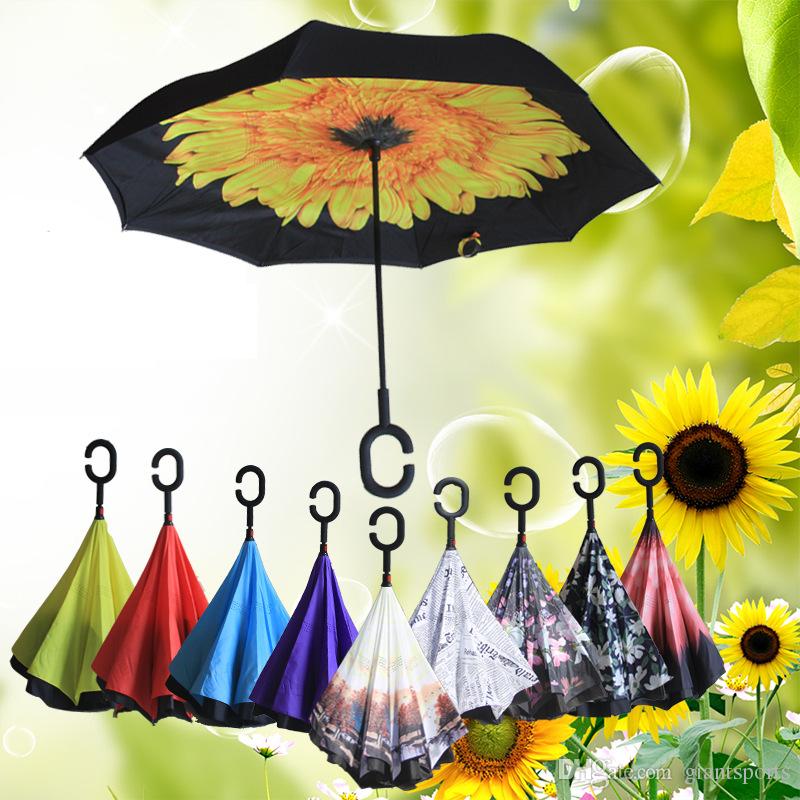 Umbrella Wholesale Store 63 Patterns Sunny Rainy Umbrella Reverse Folding Inverted Umbrellas With C Handle Double Layer Inside Out Windproof