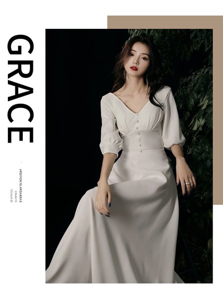 New Simple 2021 Korea Wedding A-line Satin Gowns Half Sleeves Buttons Ankle Length Bridal Es Vestidos De Noiva 8X2Z