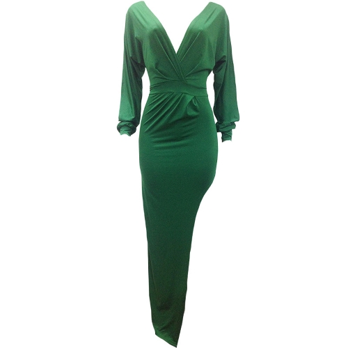 Women High Split Dress Solid Deep V Neck Long Sleeve Bodycon Culbwear Party Dress Green