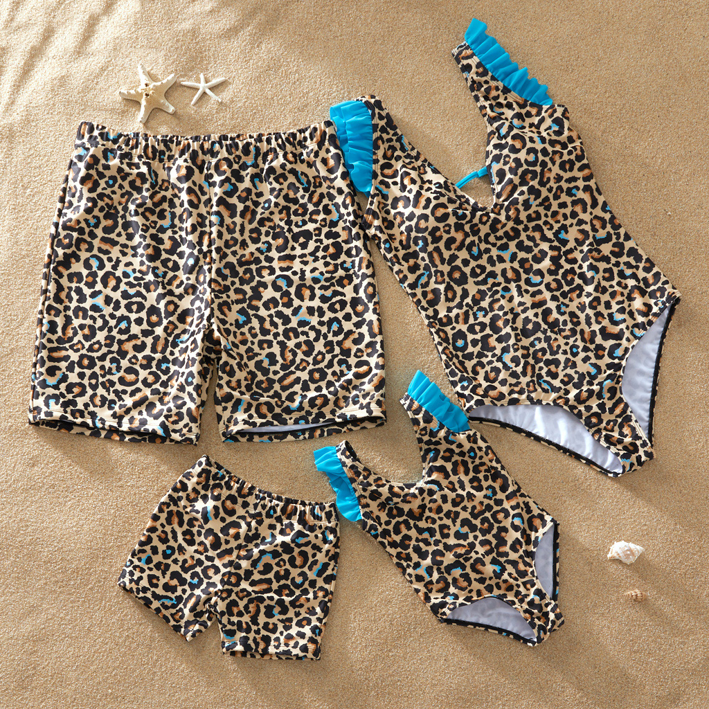 Mosaic Leopard Pattern Flutter-sleeve Family Matching Swimwear