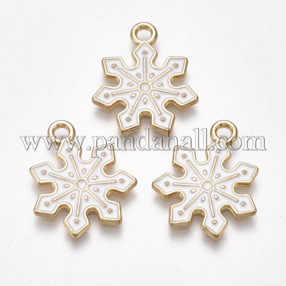 Alloy Pendants, with Enamel, Snowflake, Light Gold, White, 21x18x1.5mm, Hole: 2mm