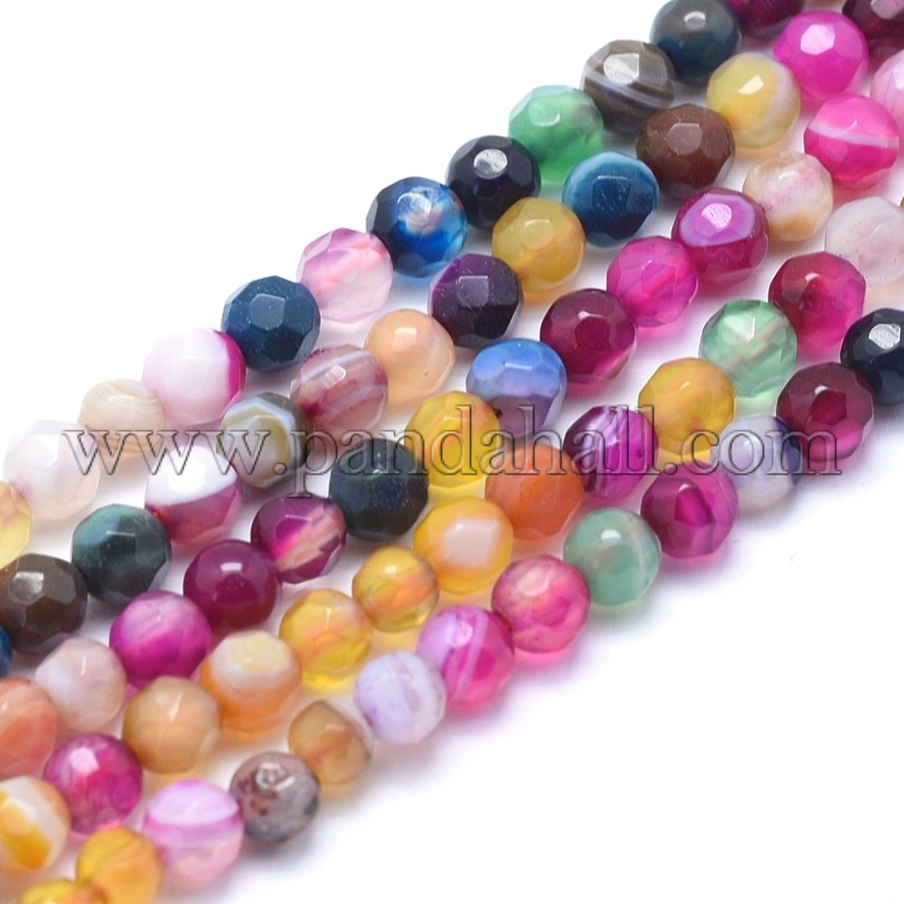 Natural Agate Beads, Dyed, Faceted Round, Mixed Color, 6mm, Hole: 1mm; about 61pcs/strand, 14.3