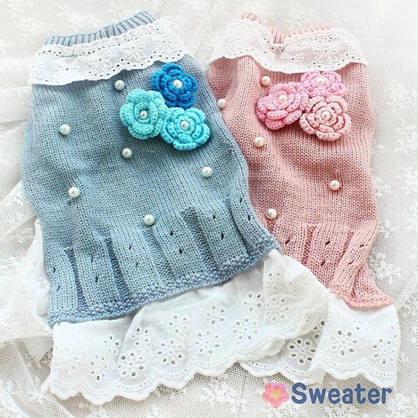 Dog Apparel Sweater Dress Pet Clothes Knitwear Princess Outfit Knitting Flowers Pearls Accessories Holiday Party Spring Autumn Traveling
