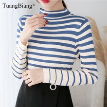 Ladies Blue White Striped Turtleneck Sweater Winter Women knitting Full Sleeve Pullovers Autumn Slim Tops elastic jumpers 2019