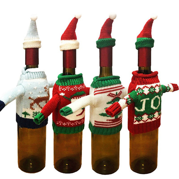 10 set / lot red wine bottle cover bags santas claus bear handmade sweater ornament new year christmas dinner table home party
