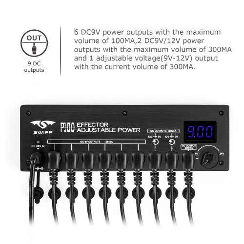 SWIFF Mini Guitar Effect Power Supply Station 9 Isolated DC Outputs 9V 12V Adjustable Voltage 9-24V for Guitar Effects with Power Cables Power Adapter