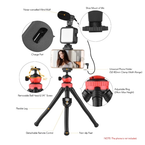 Jumpflash KIT-04LM Vlogging Kit Le kit de montage vidéo pour smartphone comprend 1 lumière LED rechargeable 1 trépied 1 microphone 1 support de téléphone 1 télécommande pour l'enregistrement de photographie