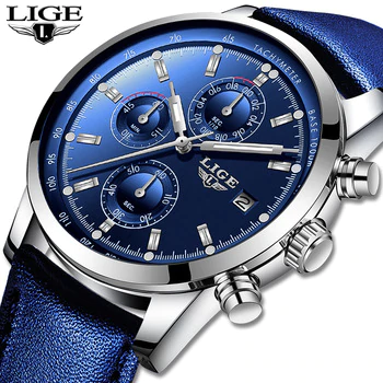 2019 LIGE New Fashion Men Watches Analog Quartz Wristwatches 30M Waterproof Chronograph Sports Date Leather Watches Montre Homme