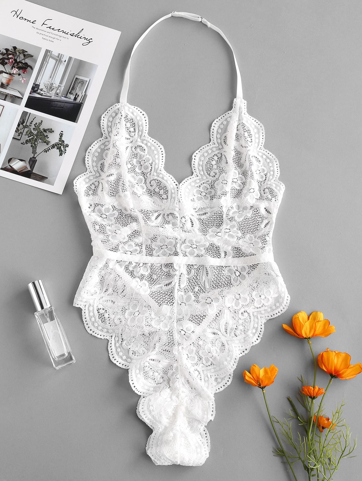 Halter Scalloped Lace Lingerie Teddy