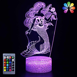 Little Mermaid Girls Birthday Xmas Gift 16 Colors Changing Remote Control LED Nightlight 3D Illusion Night Lamp Kids Room Decor Toy Bedside Desk Lighting
