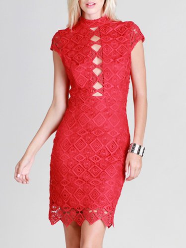 Red Short Sleeve Sheath Polyester Guipure Lace Mini Dress