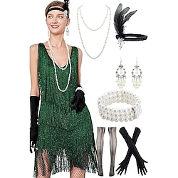 Retro Vintage Roaring 20s 1920s Flapper Dress Outfits Accessories Set The Great Gatsby Women's Sequins Tassel Fringe Cosplay Costume Halloween Carnival Party / Evening Party / Cocktail Dress Lightinthebox