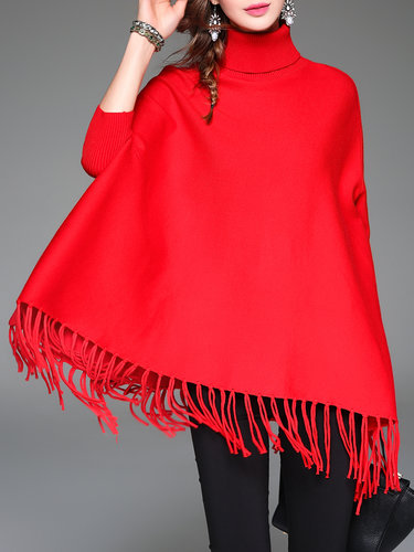 Red Turtleneck Batwing Fringed Sweater